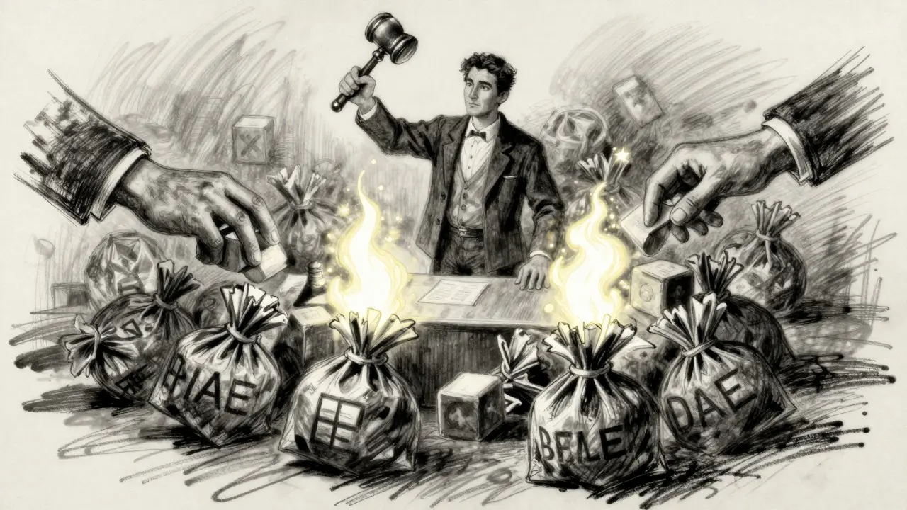 Charcoal sketch of an auctioneer selecting glowing bundles from a pile of transactions.