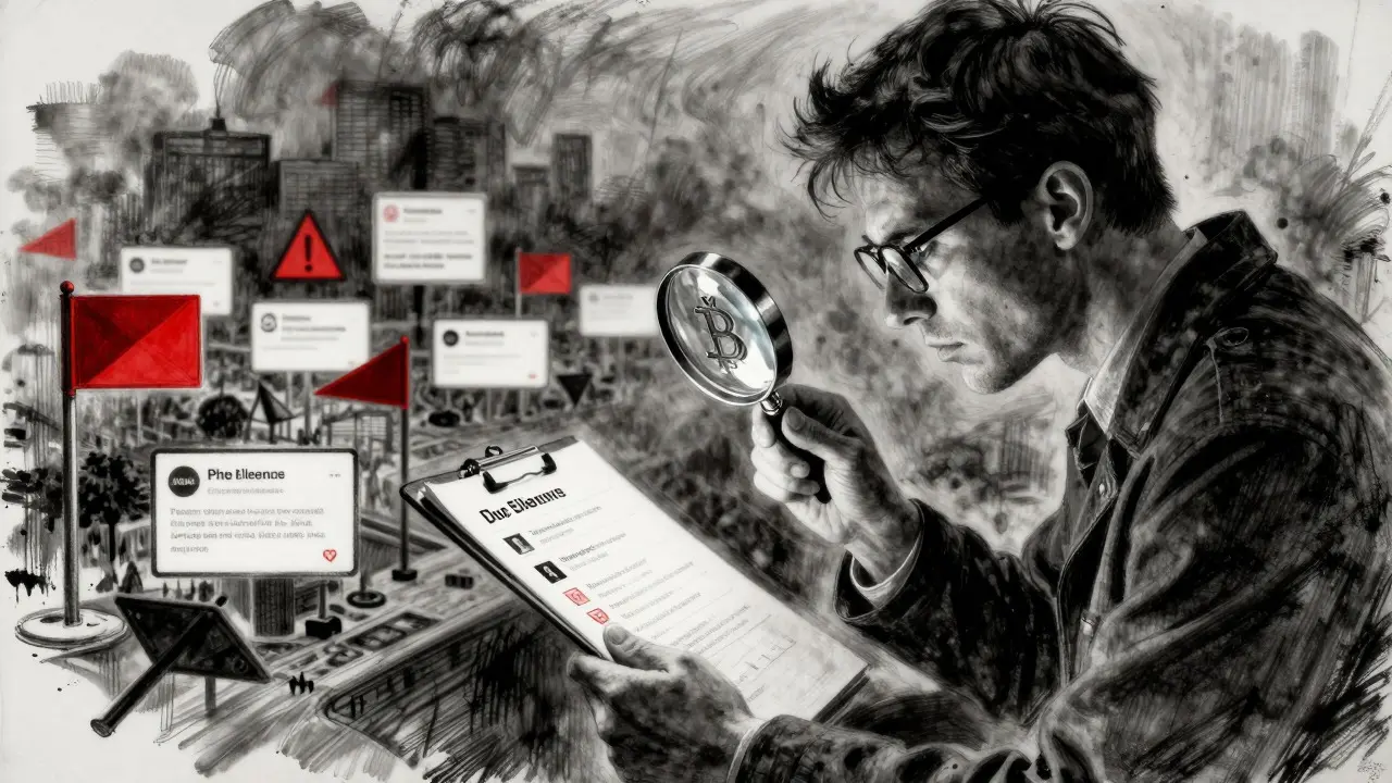 Charcoal sketch of researcher checking crypto platform safety red flags