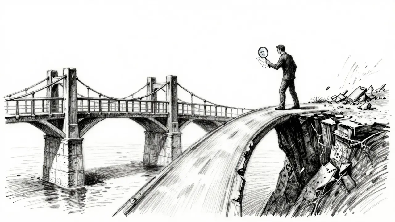 Charcoal sketch showing a choice between a safe bridge and a crumbling cliff