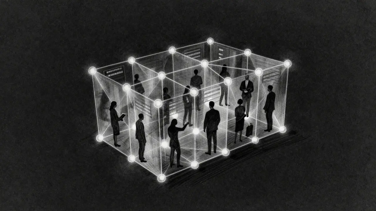 Conceptual charcoal sketch of a transparent, glowing blockchain ledger structure with silhouettes of users visible inside, symbolizing financial transparency.