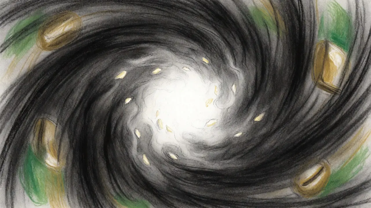 Dynamic charcoal sketch of tokens spiraling into a bright burn address vortex.