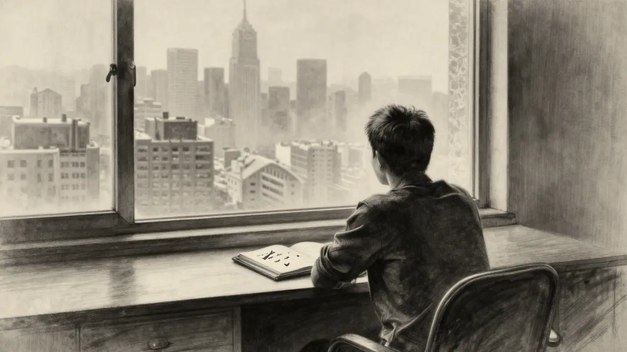 Figure at a desk with a wallet, gazing at a misty cityscape, reflecting on past crypto events.