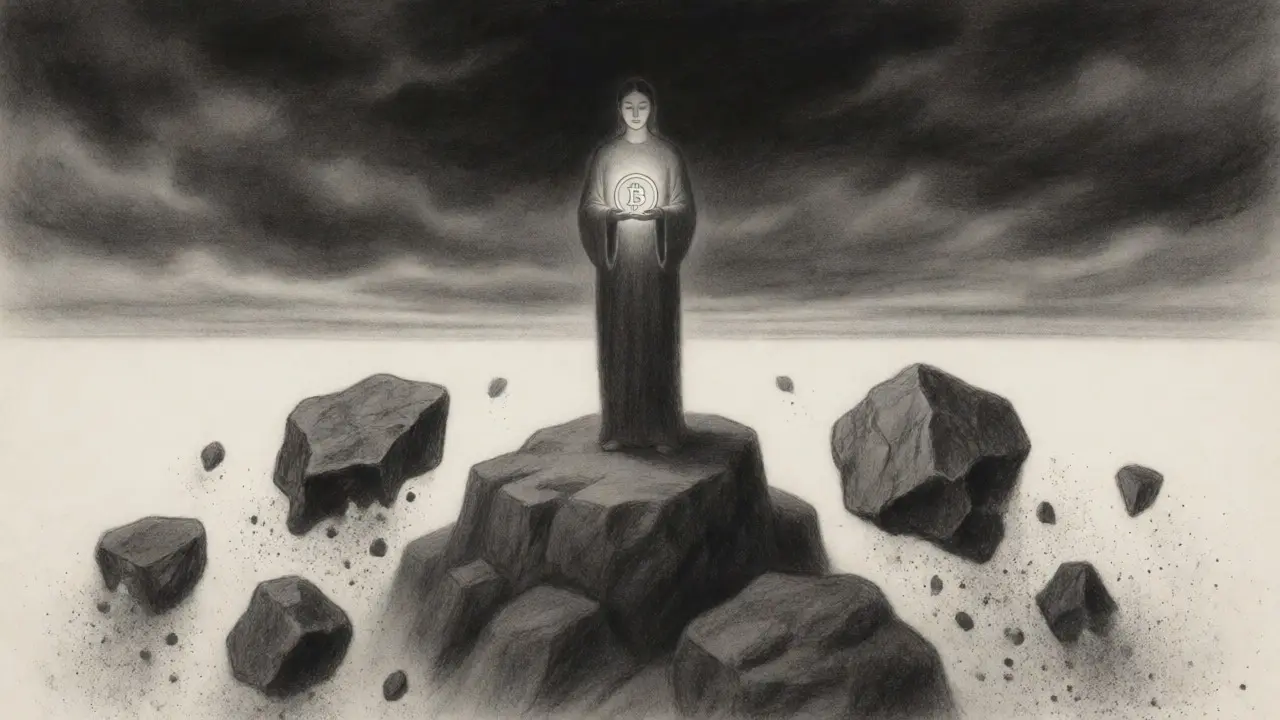 Figure holding a glowing coin amidst dissolving rocks, symbolizing Bitcoin's fixed supply.