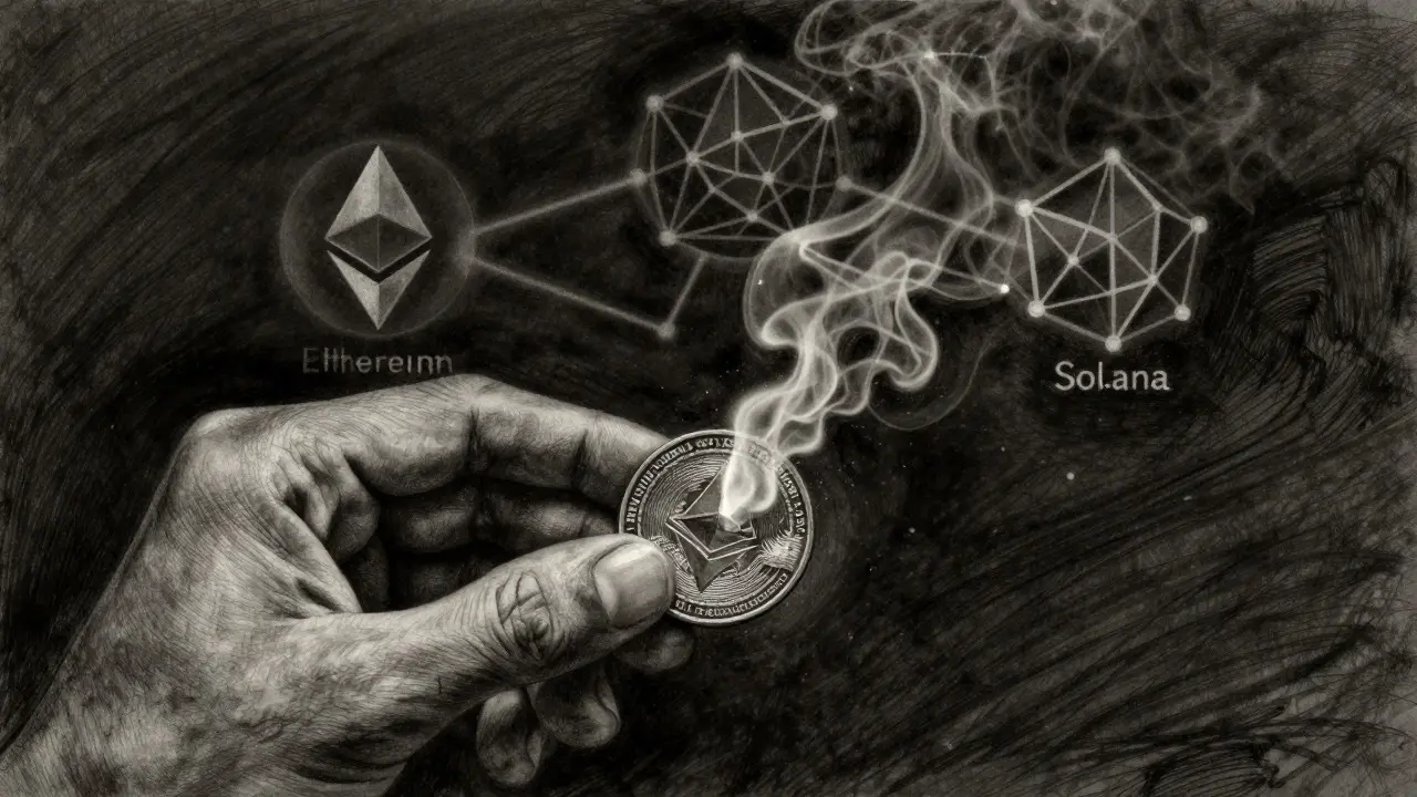 Hand holding a dissolving coin with blockchain bridges in background