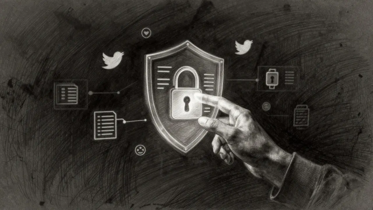 Hand reaching toward a security shield with floating social media icons in charcoal