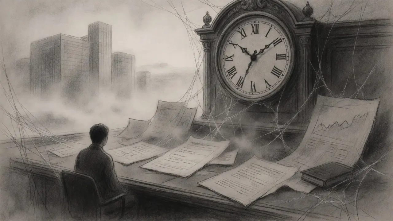 Melancholic charcoal drawing of a dusty, abandoned trading desk with a frozen clock.