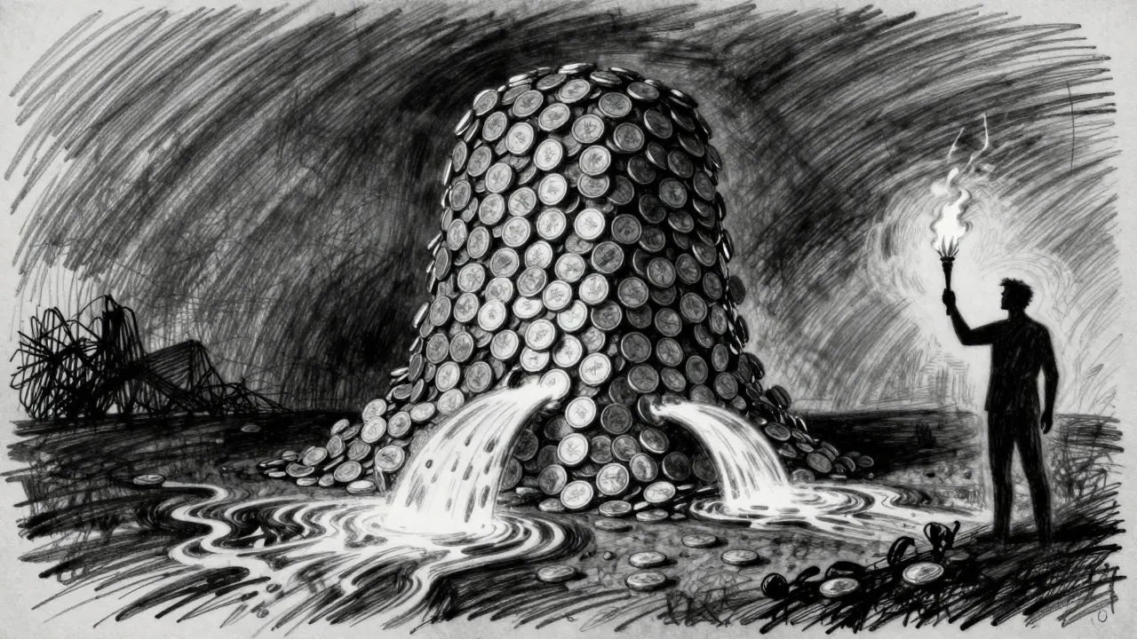 Sketch of a massive tower of coins splitting into two streams