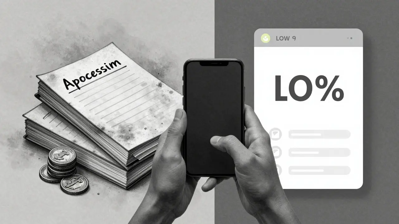 Split charcoal illustration contrasting heavy paper ledgers and high fees on the left with a clean digital interface showing low costs and instant confirmation on the right.