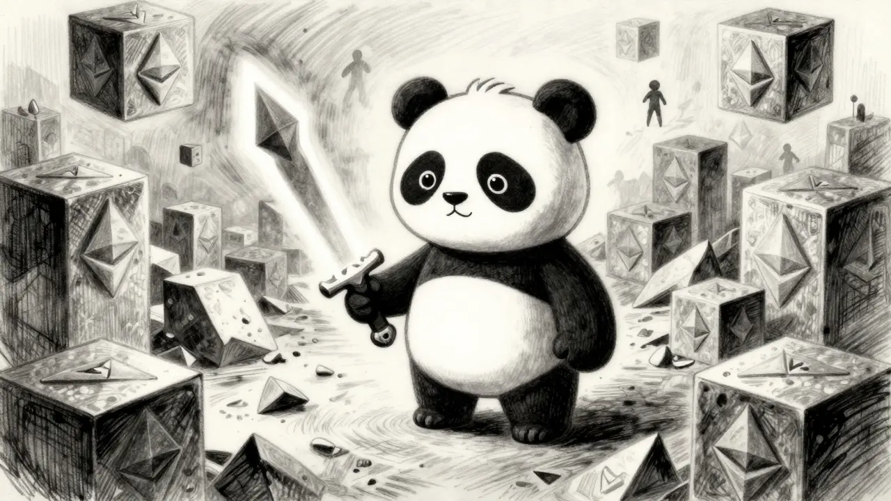 Stylized panda holding a sword in a blocky, geometric landscape representing blockchain gaming.