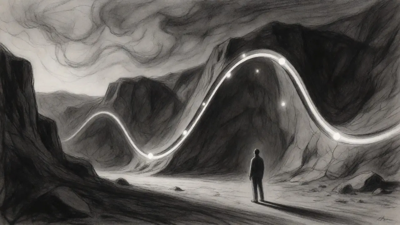 A figure observing a massive glowing elliptic curve carved into a dark rocky canyon wall.