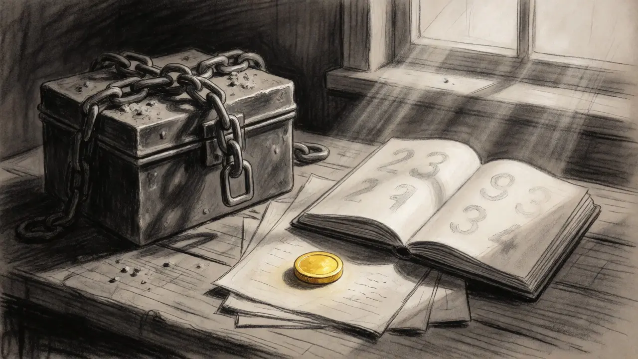 A locked iron box, a faded notebook, and a golden coin on a wooden table under dramatic light.
