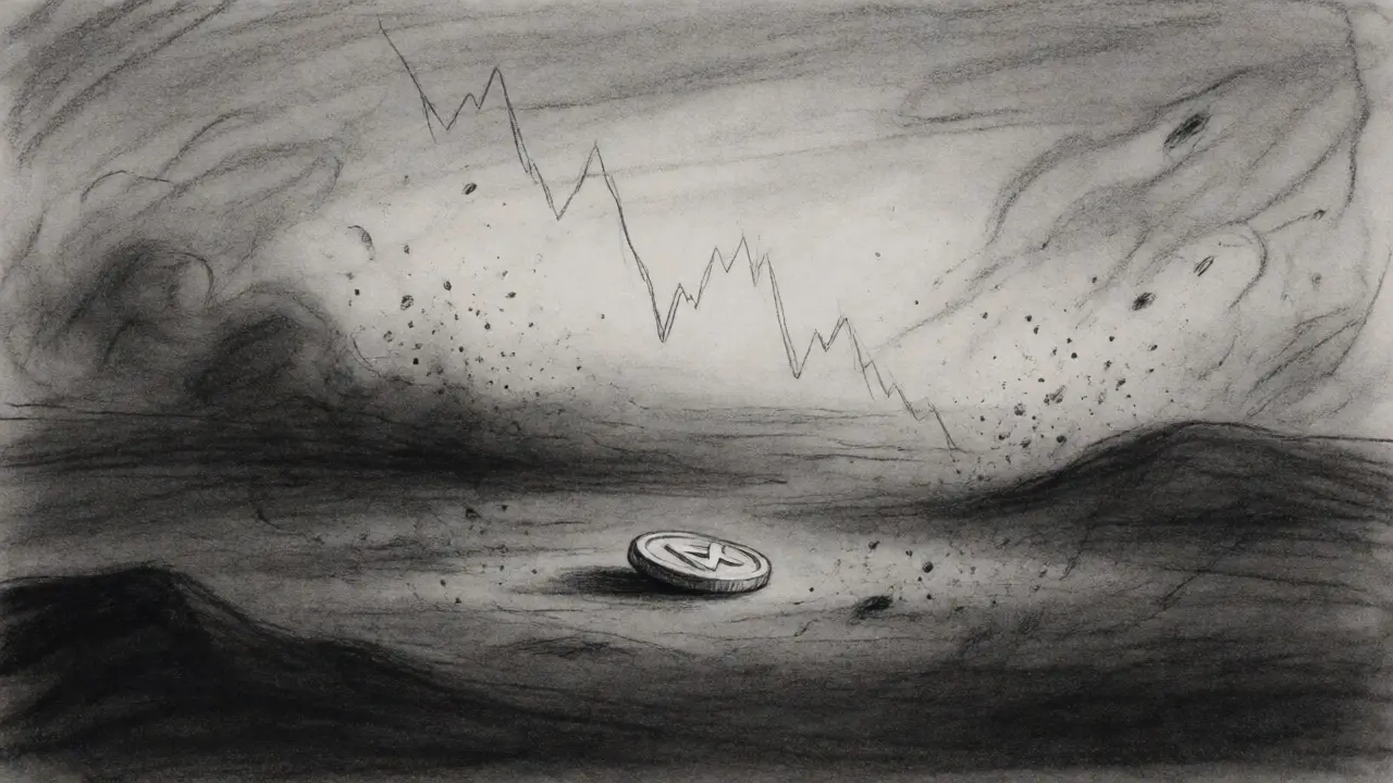 A solitary coin in a dark, empty charcoal landscape symbolizing low liquidity and decline.