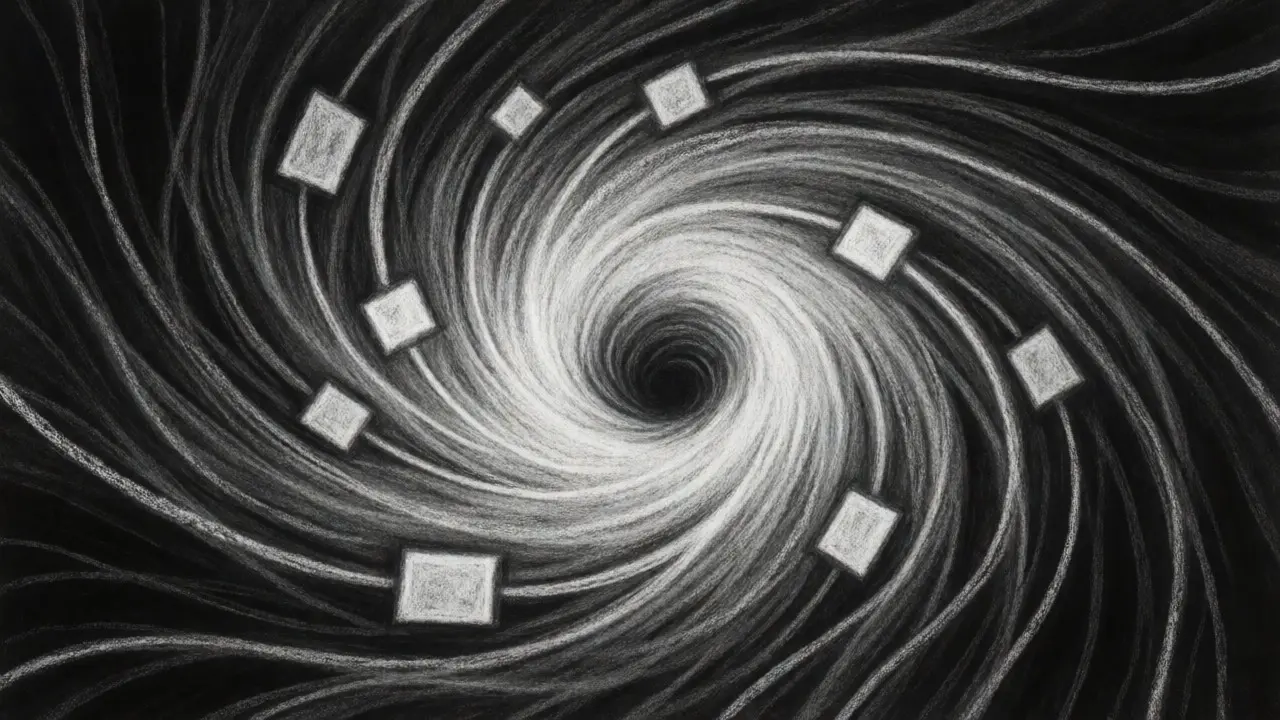 Abstract charcoal art showing data streams flowing into a central DeFi vortex.
