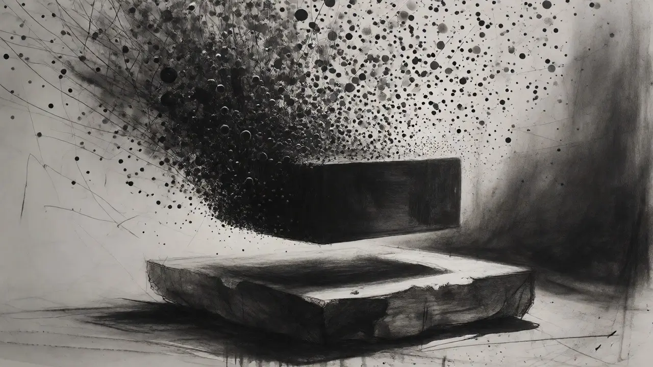 Abstract charcoal art showing many transaction dots merging into one solid proof block.