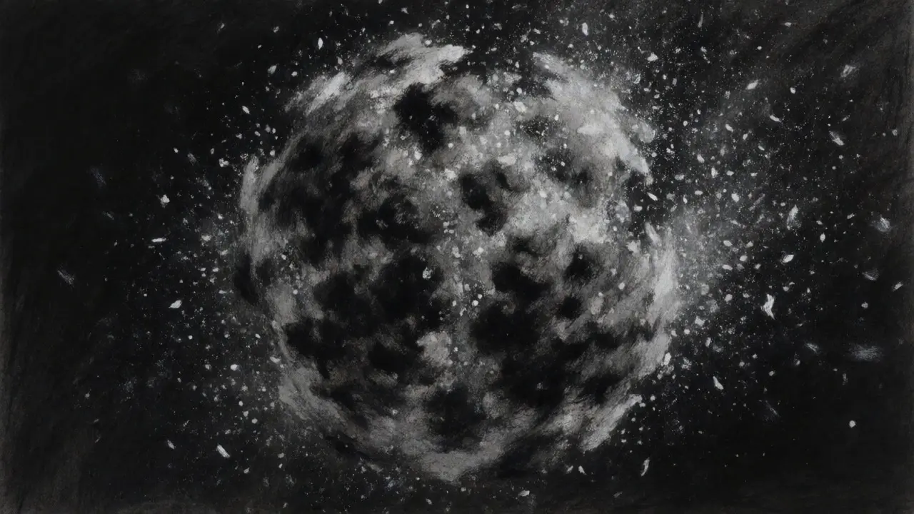 Abstract charcoal drawing of a sphere exploding into thousands of scattered token fragments.