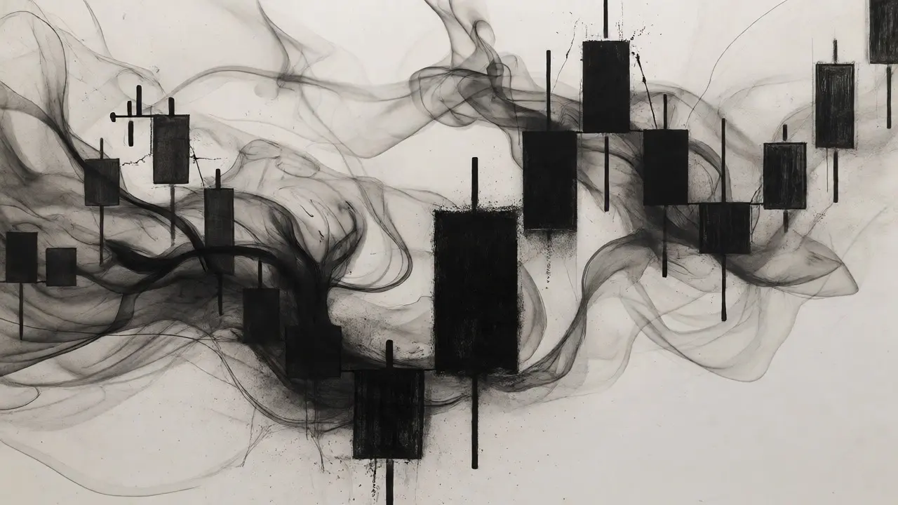 Abstract charcoal drawing of swirling smoke and chart-like fragments.