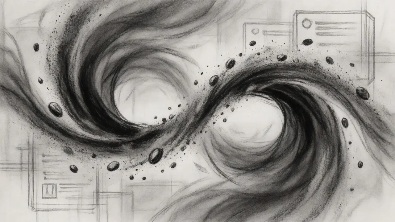 Abstract charcoal sketch of intertwined liquidity pools and token flow