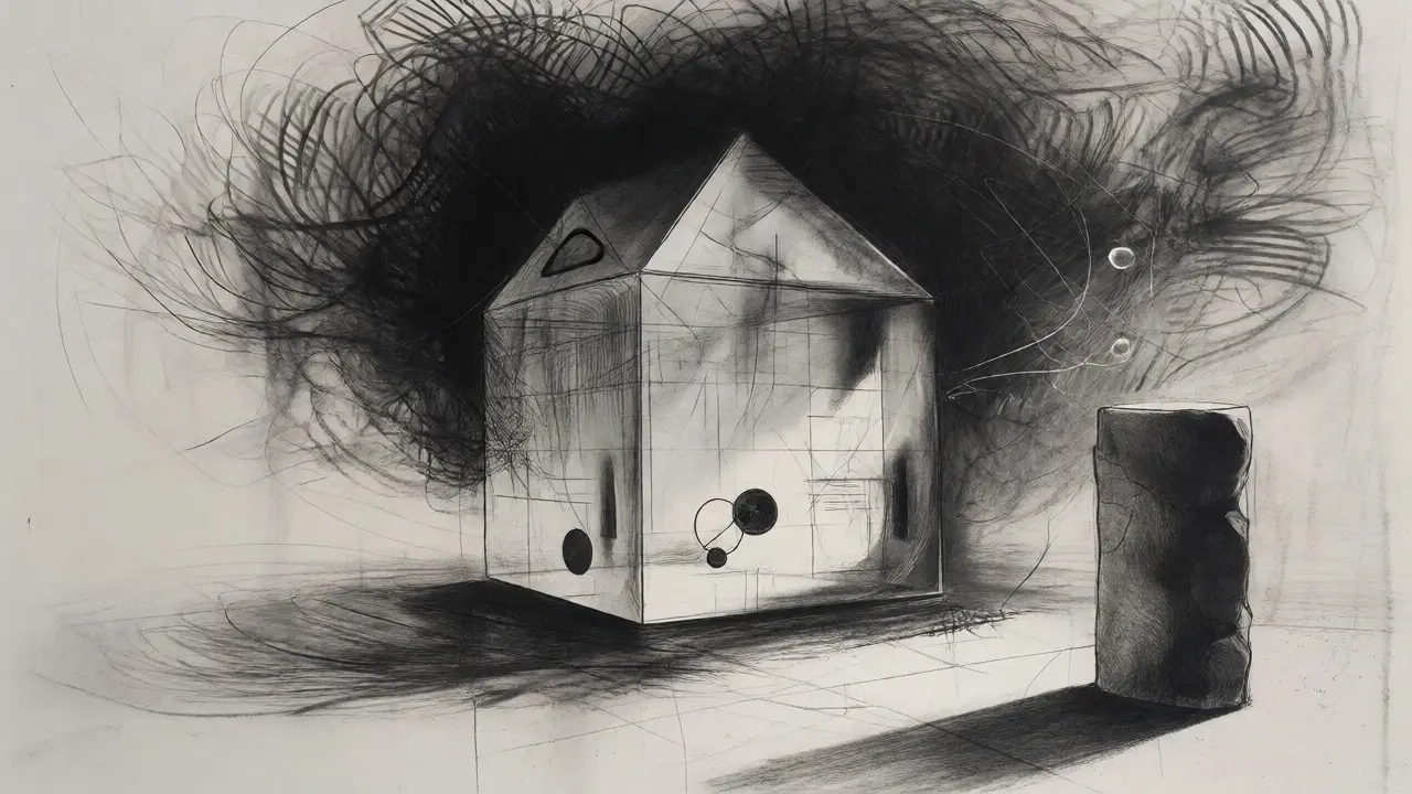 Allegorical charcoal art showing a fragile exchange structure amidst a chaotic storm.