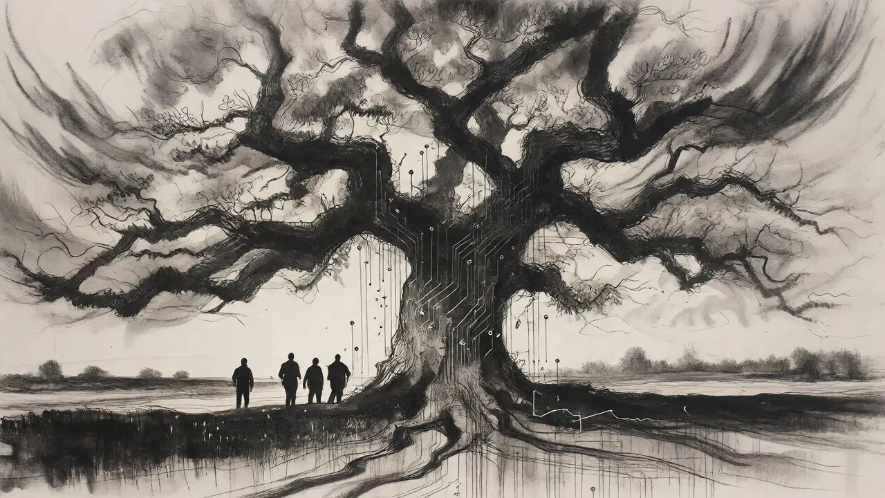 Ancient oak tree with digital patterns, symbolizing secure crypto storage.