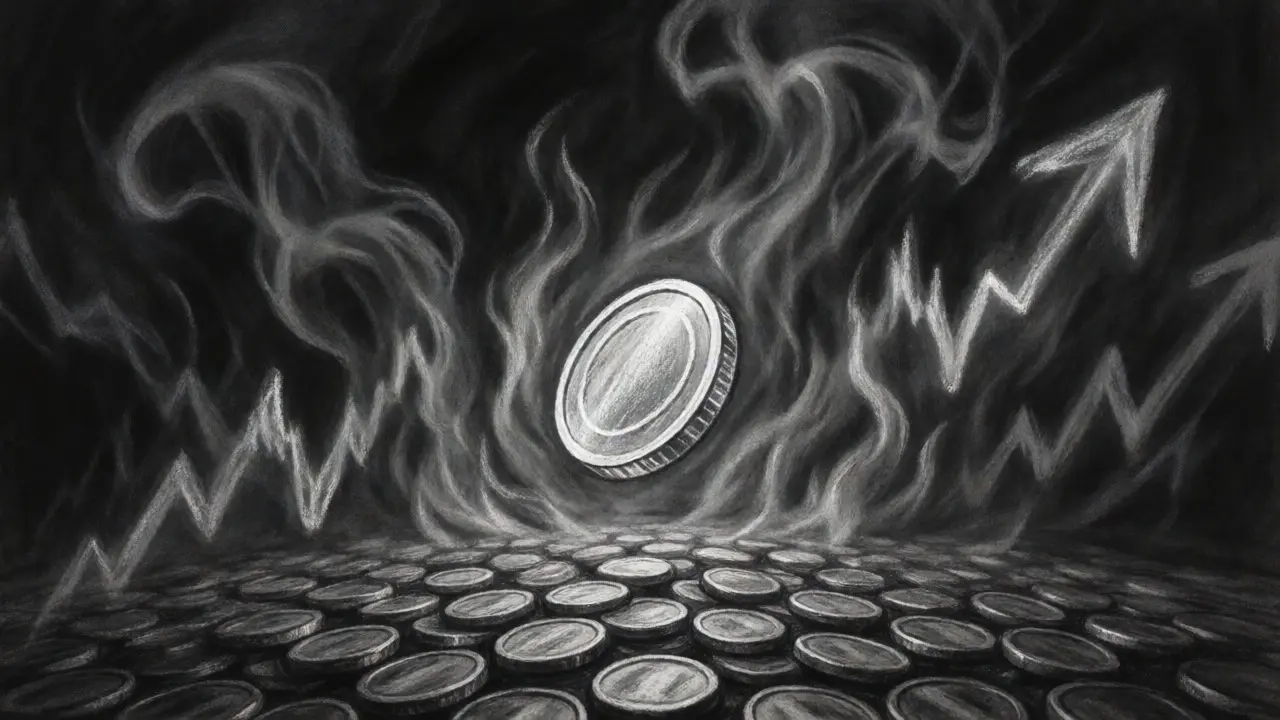 Artistic charcoal drawing of a single LUNC coin rising from a sea of ash and smoke
