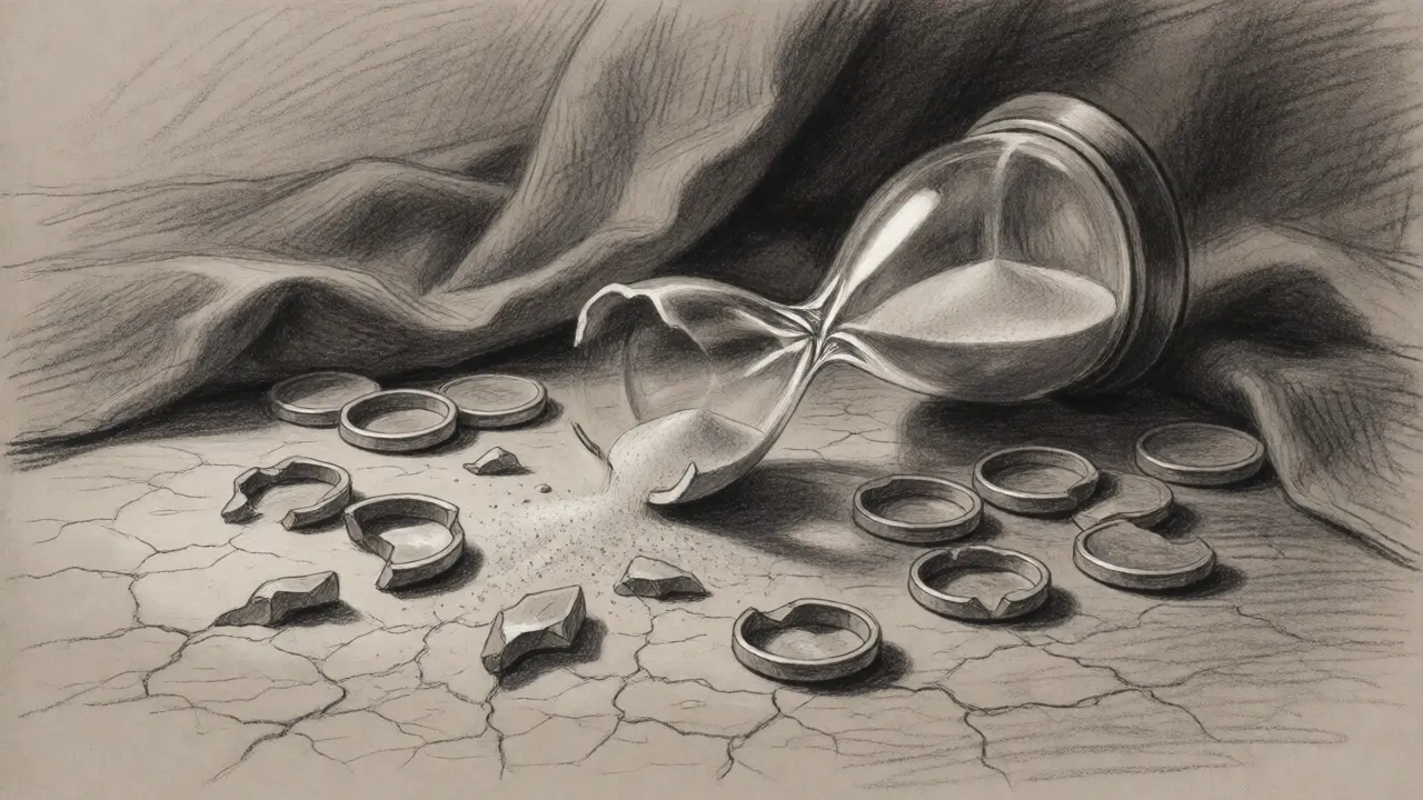 Broken hourglass and hollow coins scattered on cracked earth