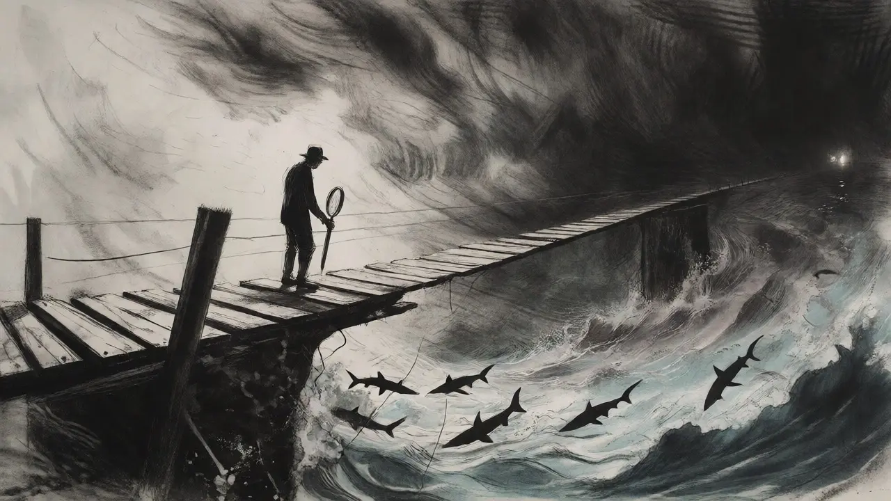 Charcoal art of a person on a fragile bridge over turbulent waters representing leverage