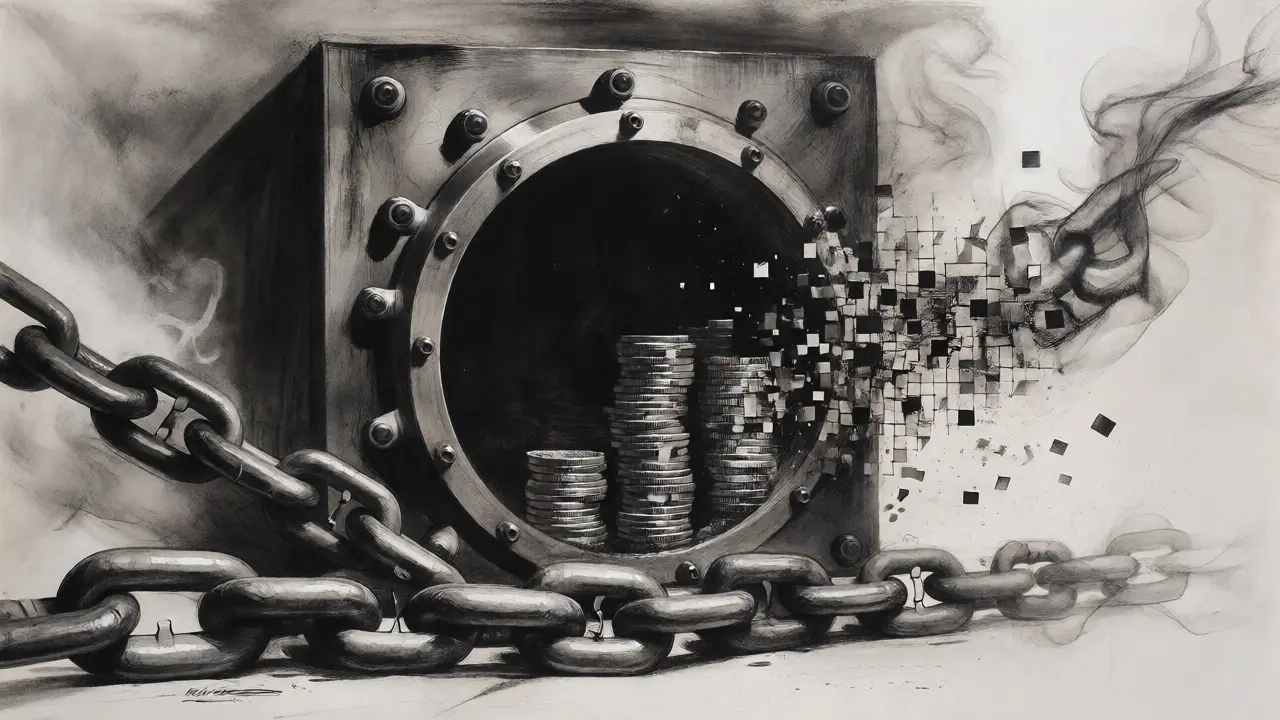 Charcoal art of a vault containing coins turning into digital pixels.