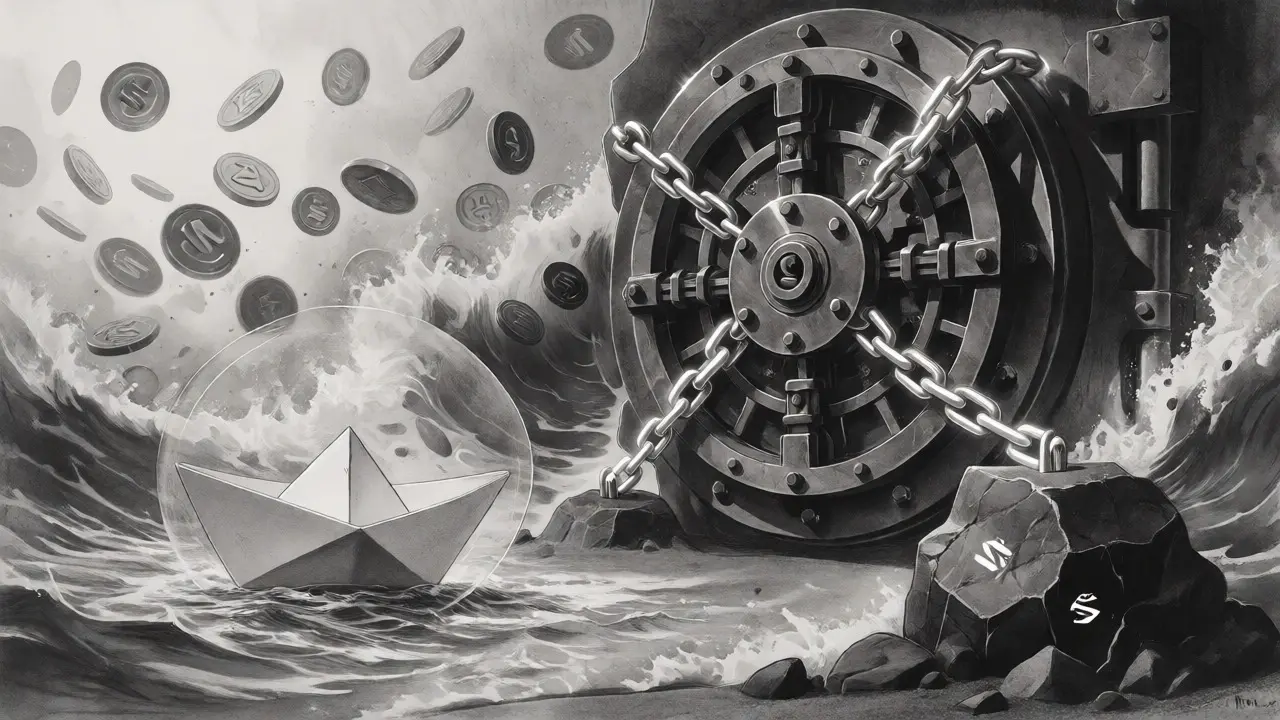 Charcoal art showing a secure vault locking liquidity chains over turbulent market waters.