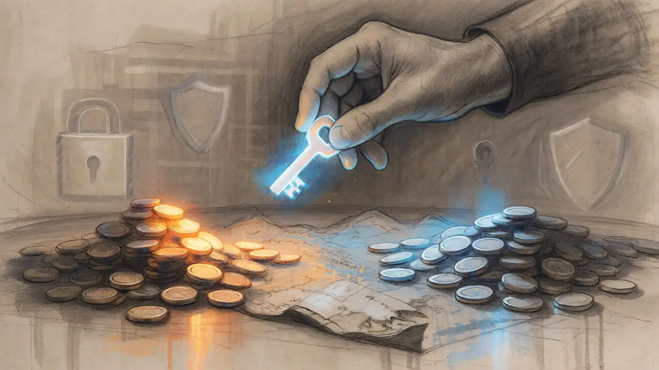 Charcoal drawing of a hand holding keys over two types of coins, illustrating wallet safety during forks.