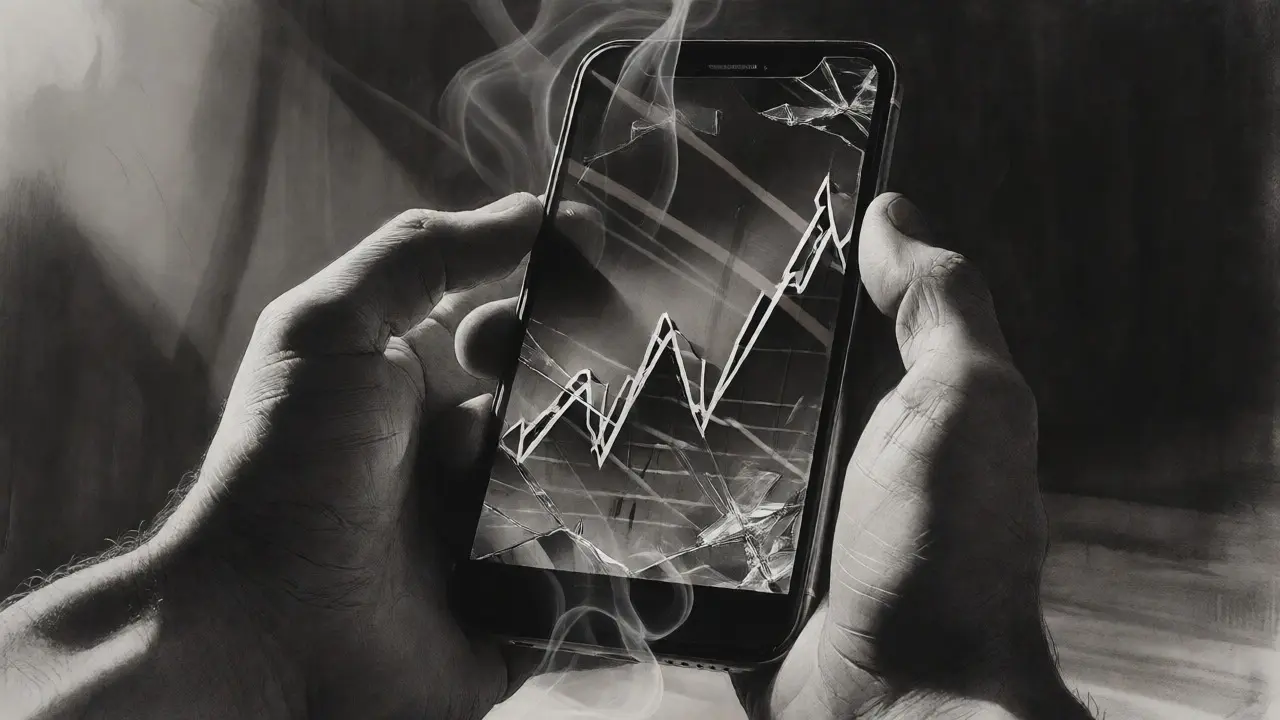 Charcoal illustration of a cracked phone screen revealing a distorted fake trading graph.