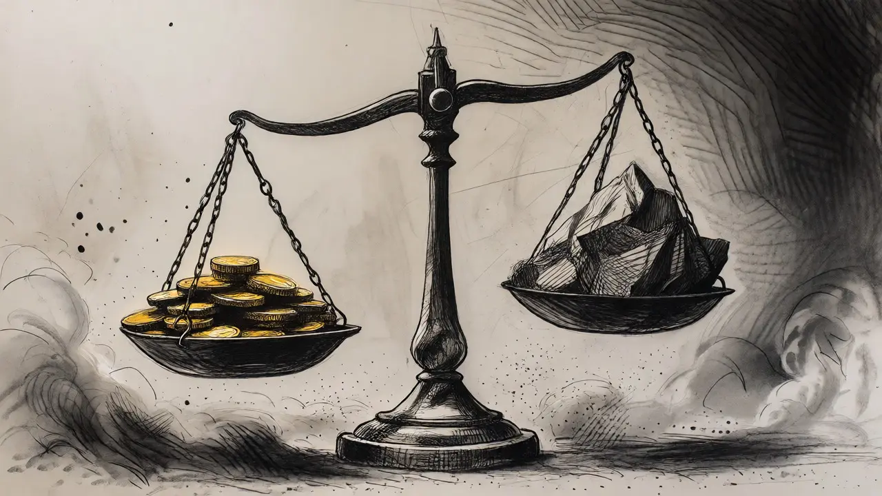 Charcoal illustration of a scale balancing crypto rewards against risks like impermanent loss.