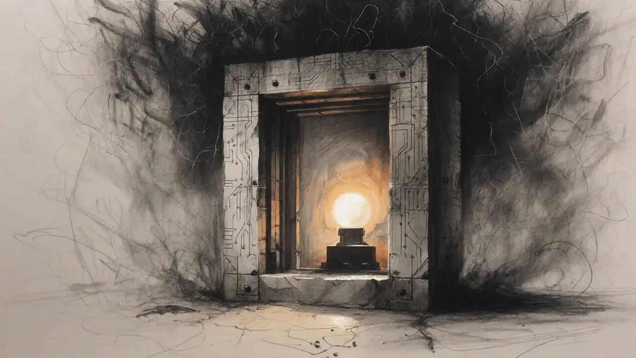 Charcoal illustration of a secure vault protecting data from a chaotic storm.