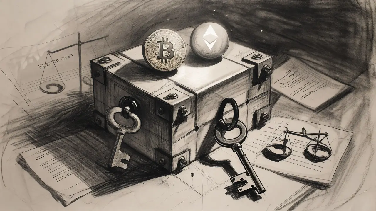 Charcoal illustration of a secure vault protecting glowing crypto coins