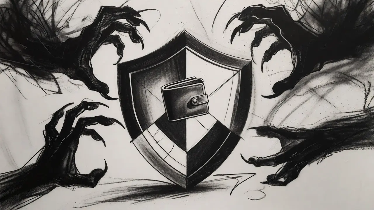 Charcoal illustration of a shield protecting a wallet from shadowy threat hands