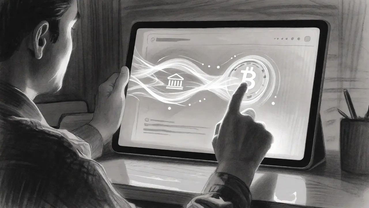 Charcoal sketch of a digital transaction flowing from bank to crypto in a home office