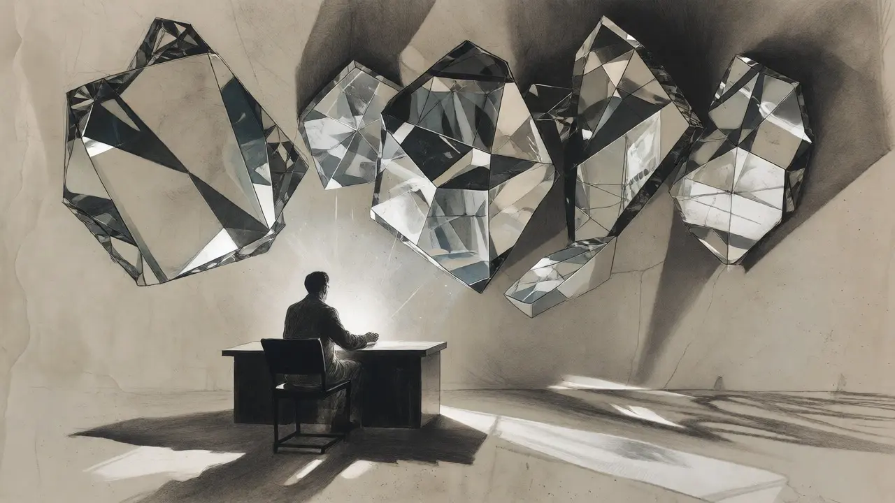 Charcoal sketch of a figure surrounded by floating geometric shards symbolizing STARKs.