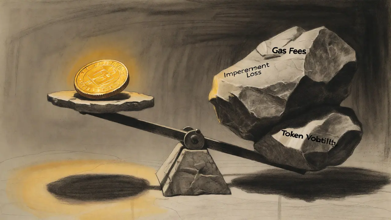 Charcoal sketch of a scale weighing advertised yield against hidden fees and losses