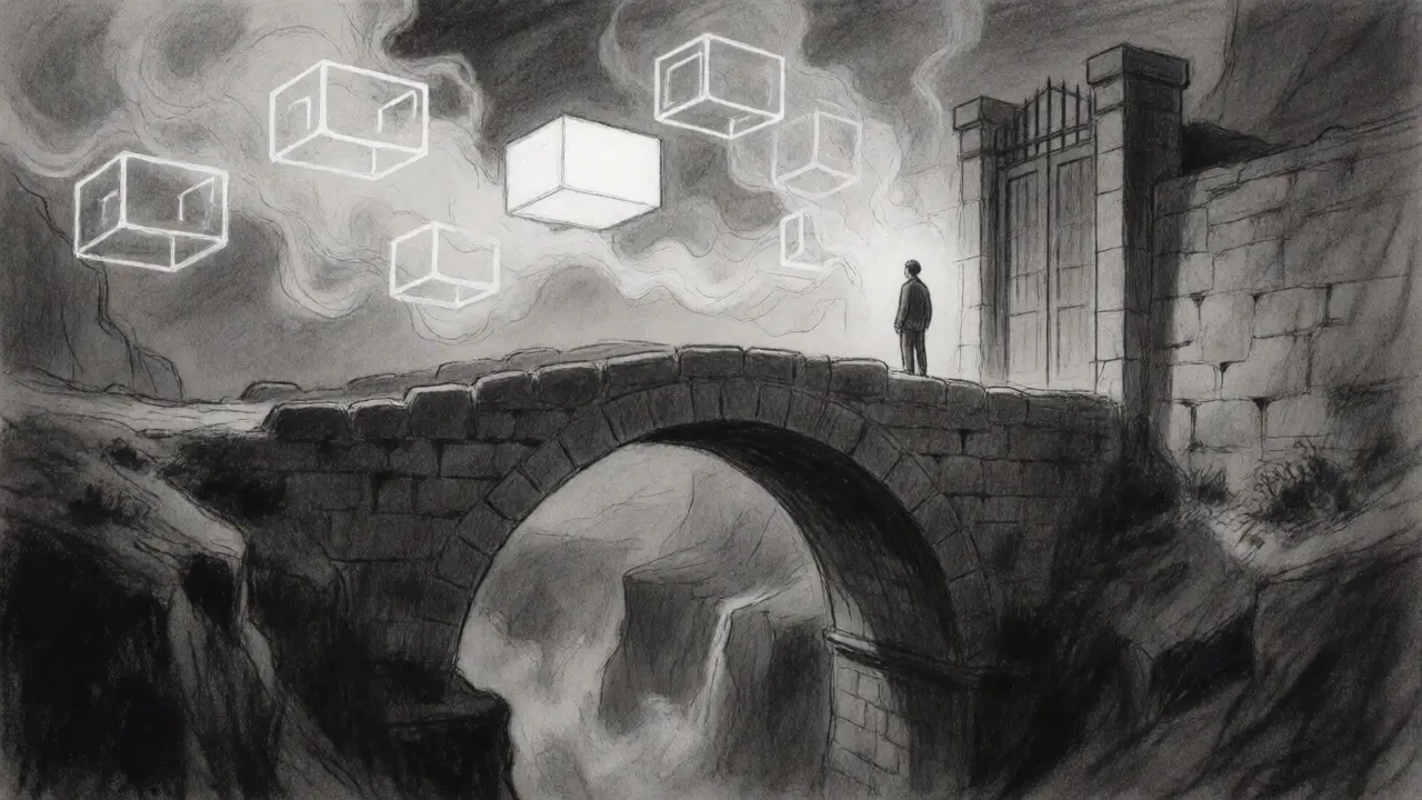 Charcoal sketch of a stone bridge over a chasm with floating blocks