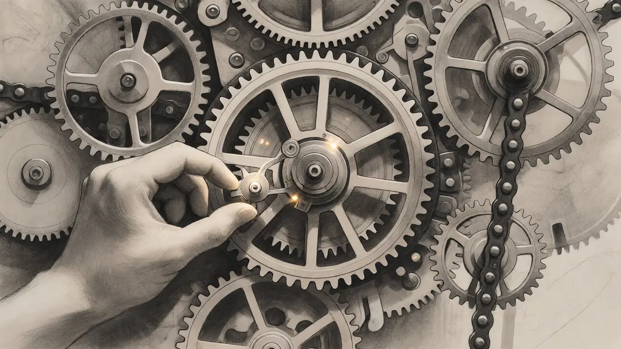 Charcoal sketch of clockwork gears being gently adjusted, representing a smooth soft fork upgrade.