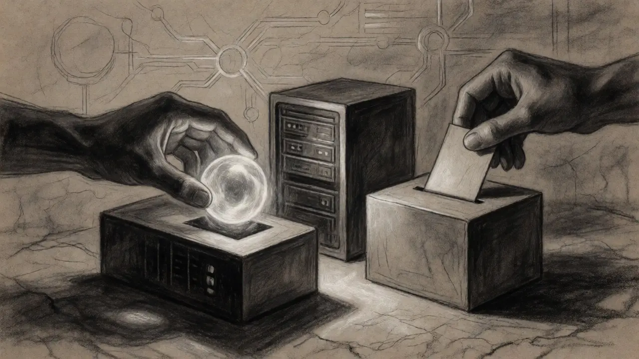 Charcoal sketch of hands placing a glowing orb into a device, symbolizing token utility.