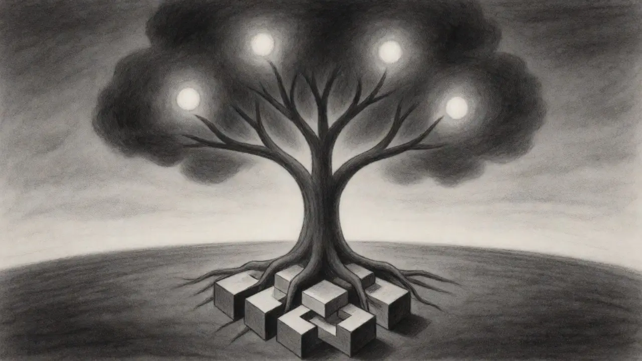 Conceptual charcoal drawing of a tree with blockchain roots and yield orbs
