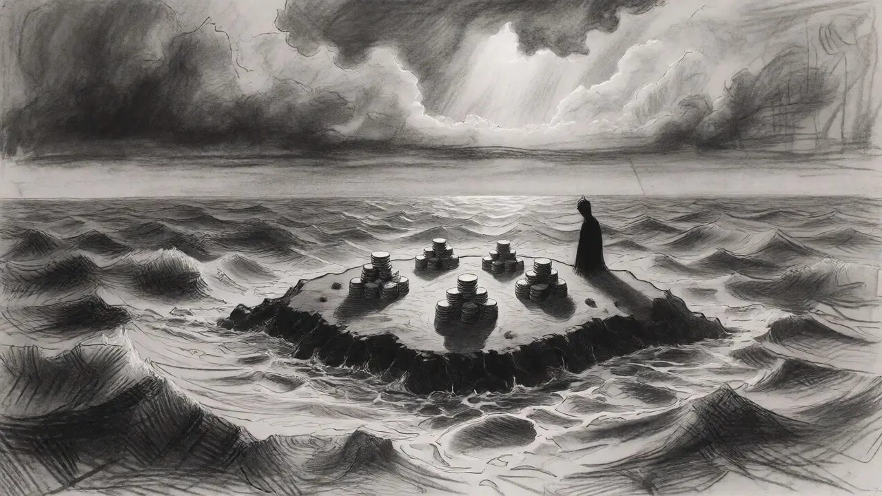 Conceptual charcoal landscape of an isolated liquidity island