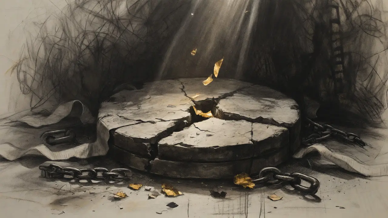 Cracked stone vault leaking tiny gold fragments amidst broken chains.