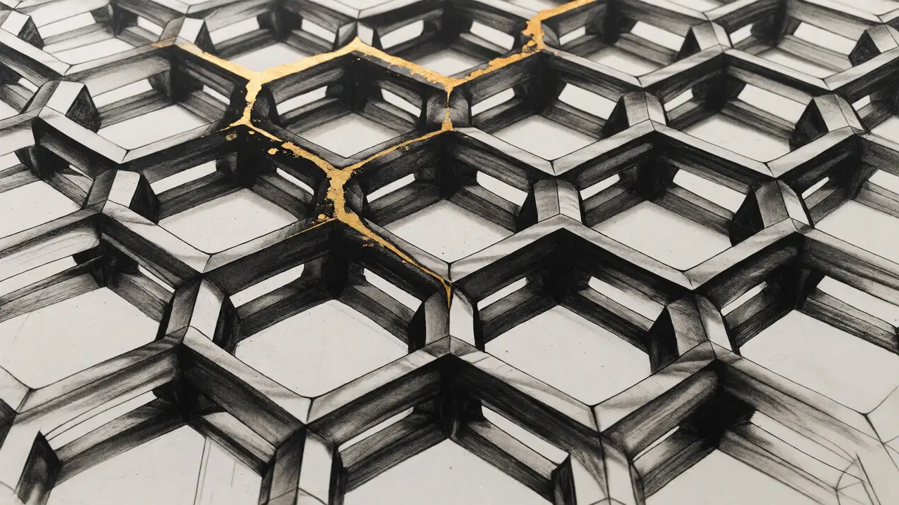 Detailed charcoal sketch of a geometric lattice representing concentrated liquidity
