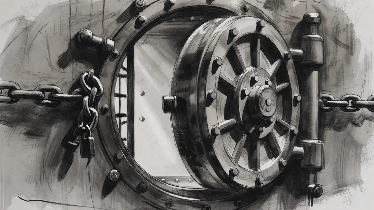 Detailed charcoal sketch of a secure vault door with chains and locks.