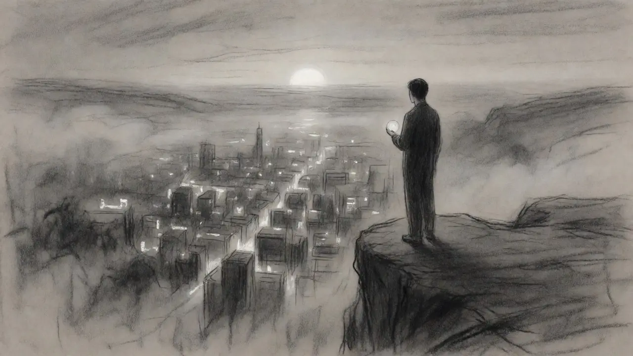 Figure holding a glowing token overlooking a misty, fragmented cityscape.