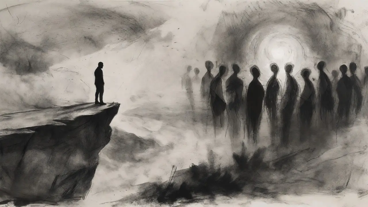 Figure on cliff edge facing a community gathered around a light.