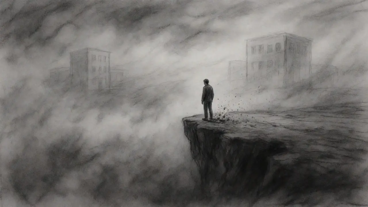 Figure standing on crumbling ground near distant stable structures in fog