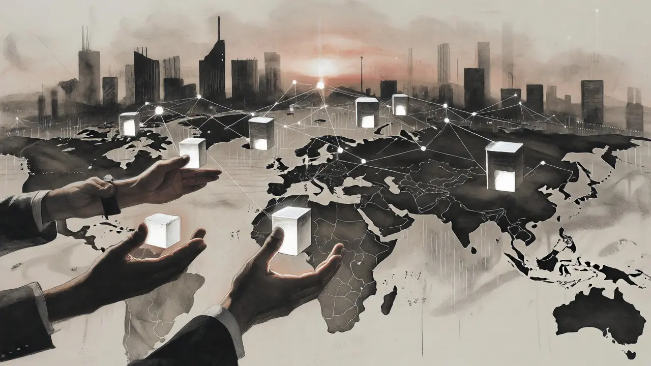 Global network connecting hands holding architectural blocks in charcoal art