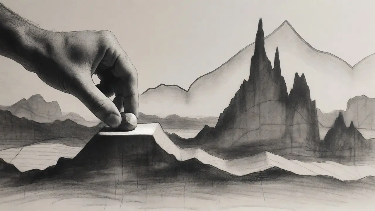 Hand placing a stone marker on a volatile landscape symbolizing ATR stops.